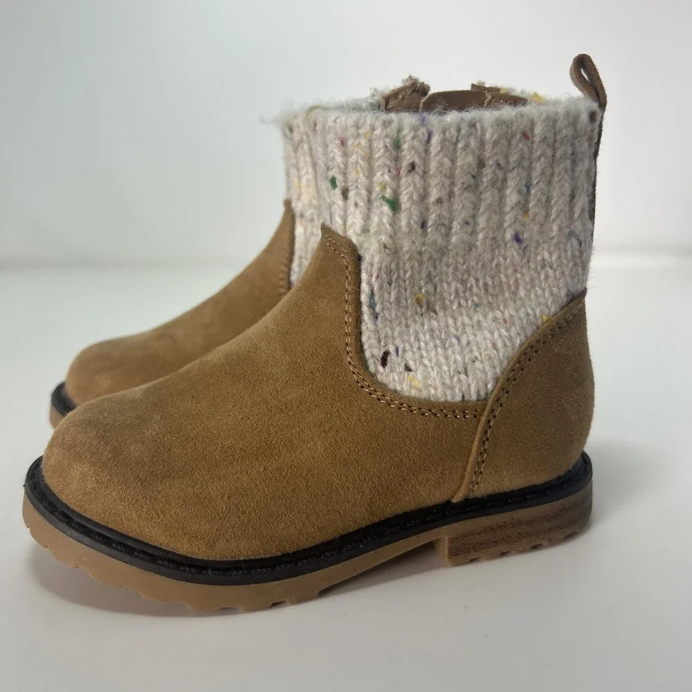 Cat and Jack Toddler Girls' Emmaline Zipper Booties Sz 6, Cognac Speckled Cuffs